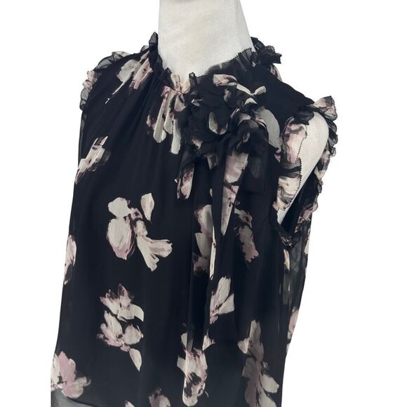 🌸 KATE SPADE Madison Ave Collection Floral Ruffle Blouse S Black Pink Chiffon - Picture 2 of 10
